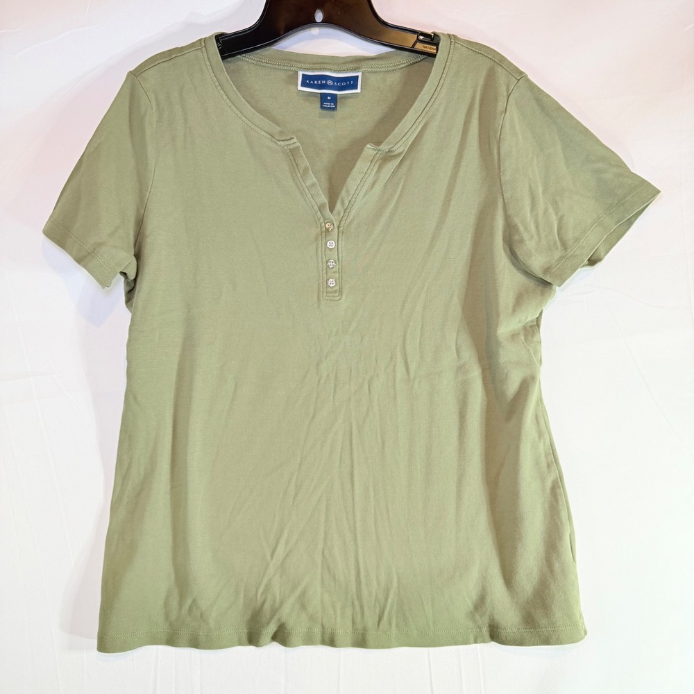Karen Scott Womens Sage Green Henley Short Sleeve Split Neck Button Tee Size M